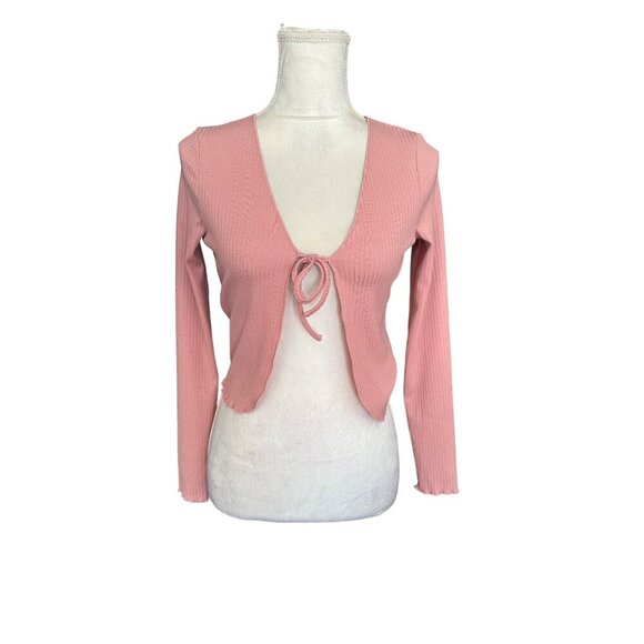 Elodie Pink Ribbed Long Sleeve Tie-Front Crop Cardigan Sweater Top Size S NWT - Picture 1 of 10